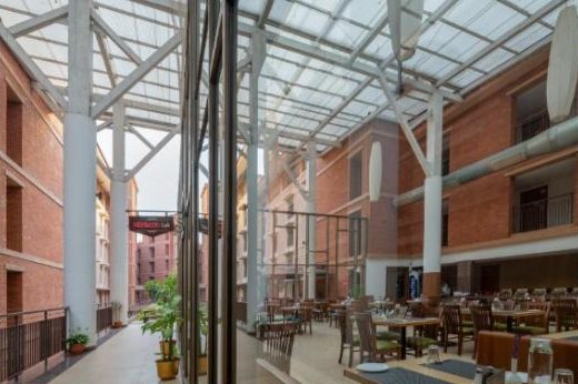 Glass-roofed atrium dining hall