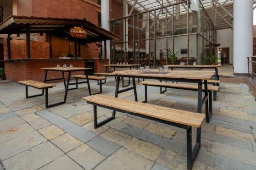 Courtyard with wooden benches